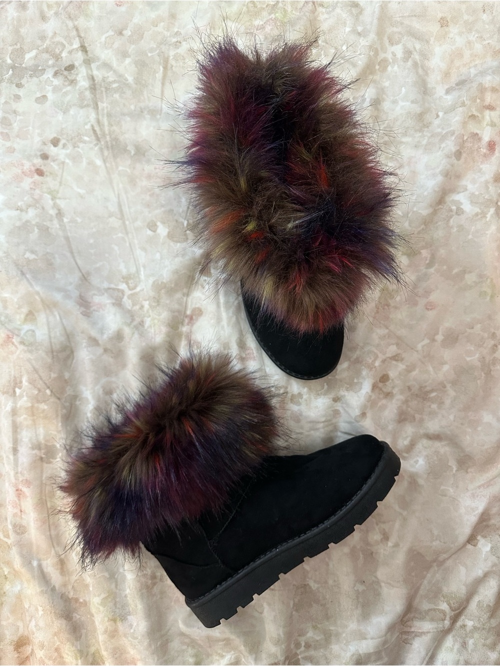 Dolls Kill Black Boots with Multicolor Faux Fur Cuff